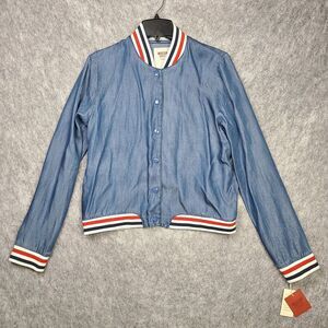 Mossimo Jacket Women's LG Denim‎ Blue Varsity Bomber Ribbed Hem RWB 100% Lyocell